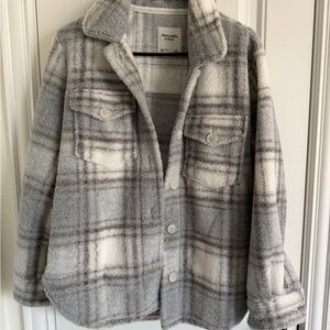 Abercrombie & Fitch Gray and White Plush Plaid Teddy Jacket